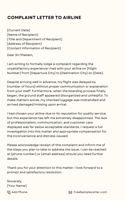 Complaint Letter To Airline