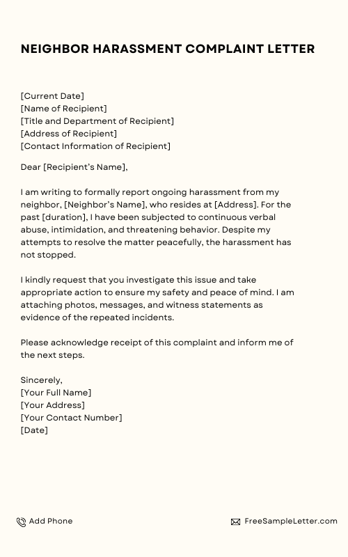 Neighbor Harassment Complaint Letter Sample