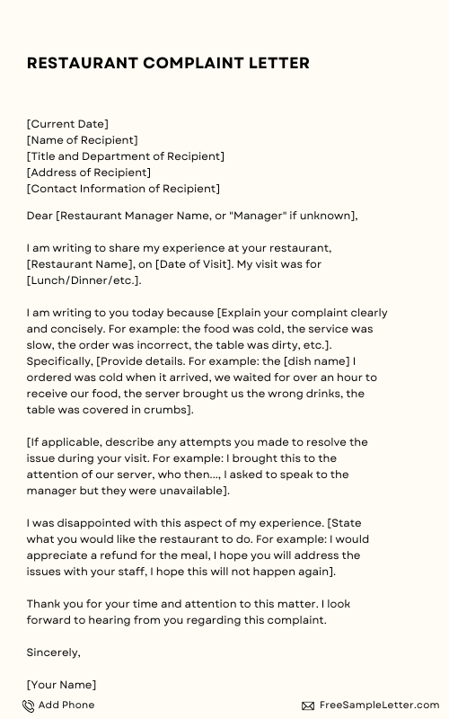 Restaurant Complaint Letter
