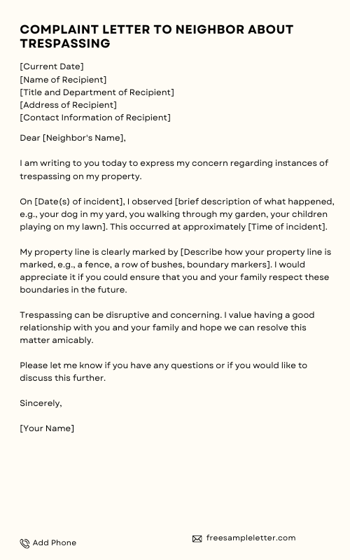 Complaint Letter To Neighbor About Trespassing