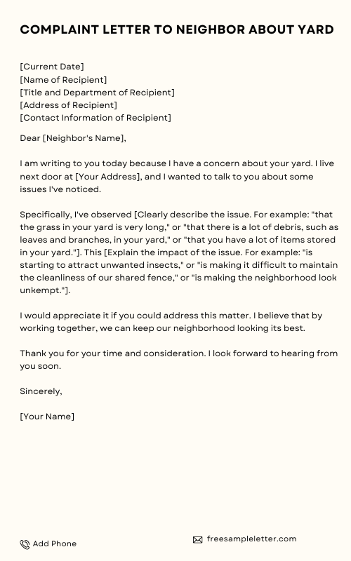 Complaint Letter To Neighbor About Yard